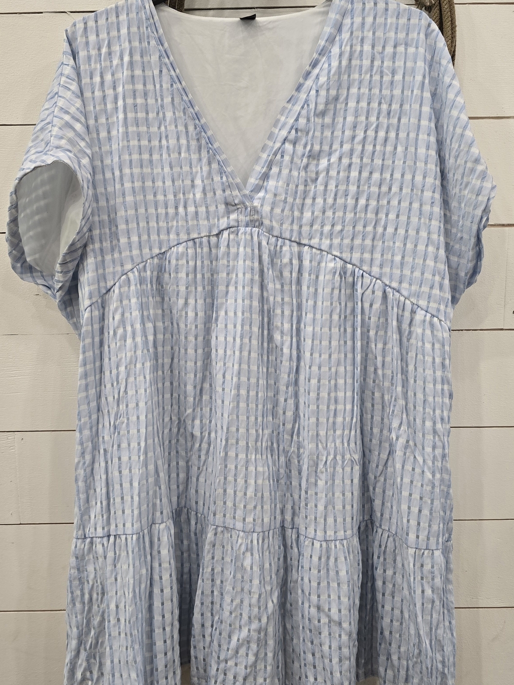 SHEIN Light Blue Gingham V-Neck Midi Dress
